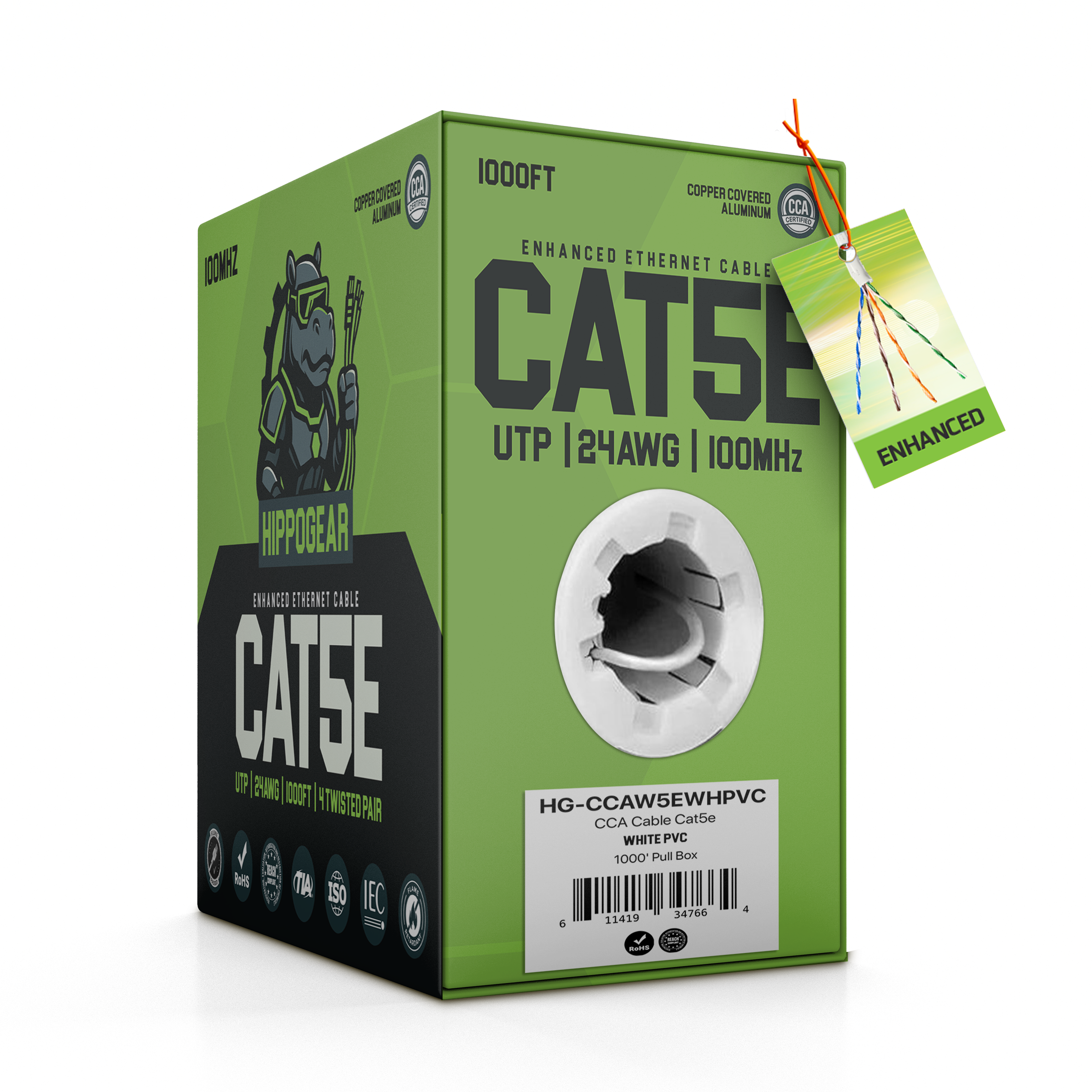 HIPPOGEAR - Cat5e CCA 24AWG  White 1000'  Pull Box