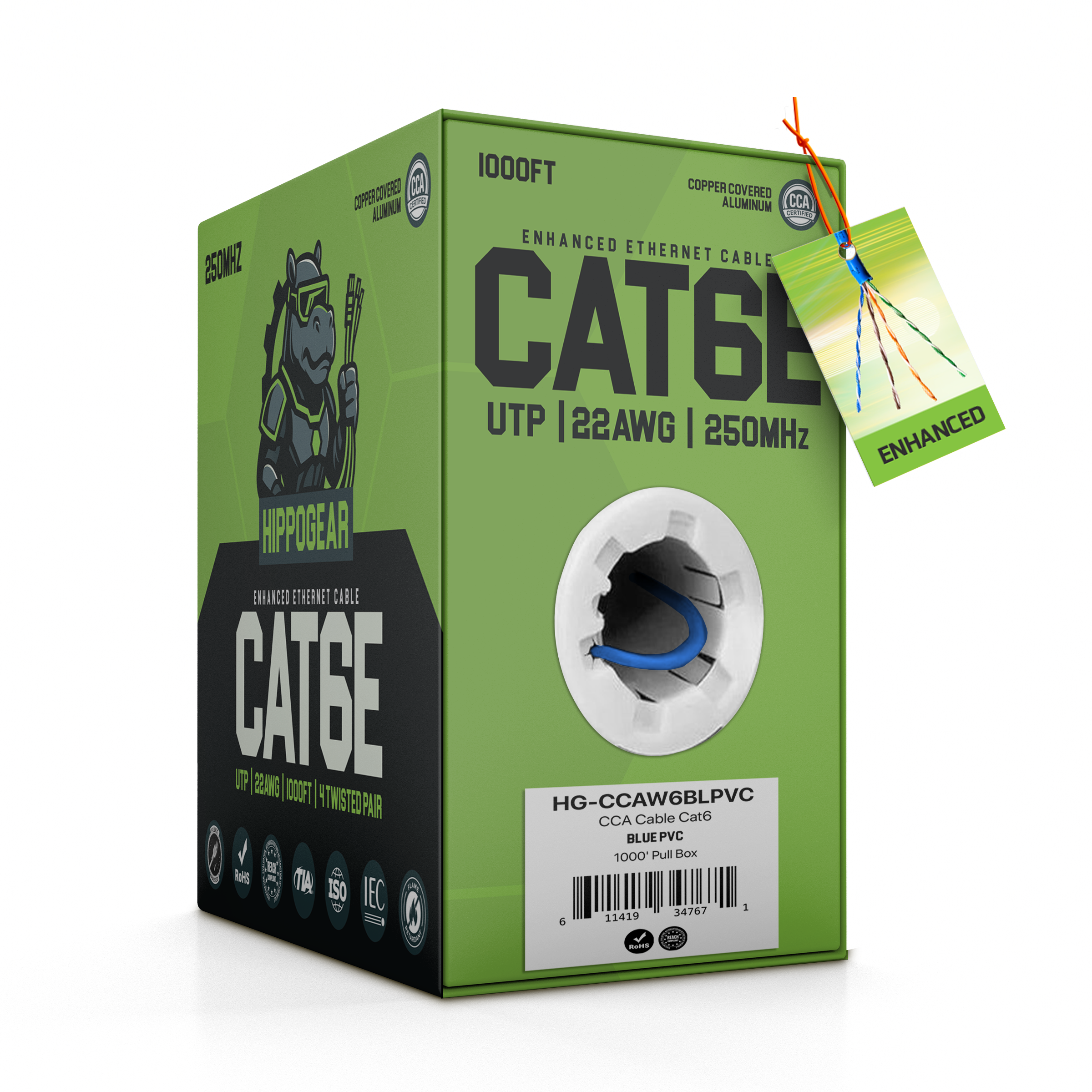 HIPPOGEAR - Cat6 CCA 23AWG  Blue 1000'  Pull Box