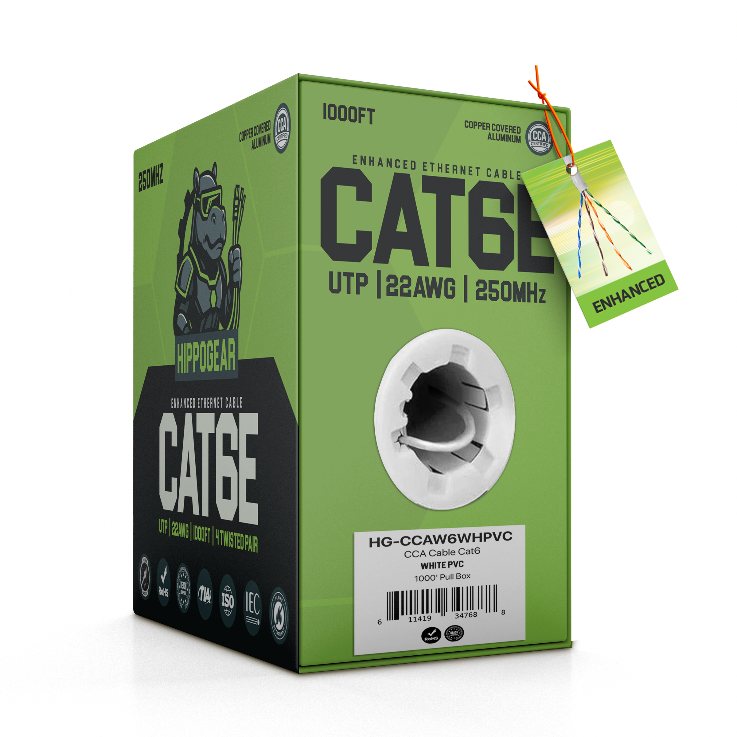HIPPOGEAR - Cat6 CCA 23AWG  White 1000'  Pull Box